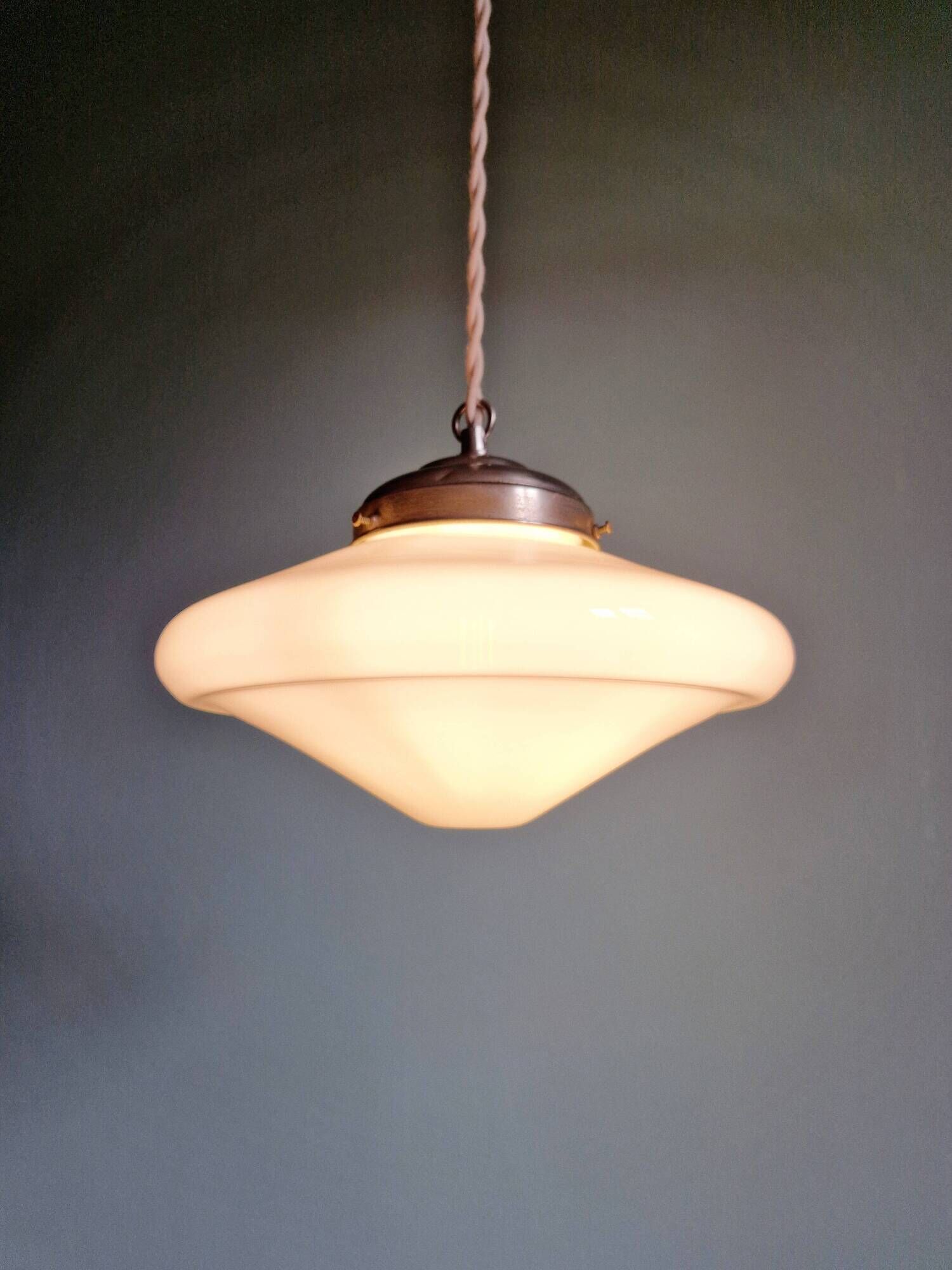 Art Deco pendant light in white opaline glass, conical, 1920s-30s