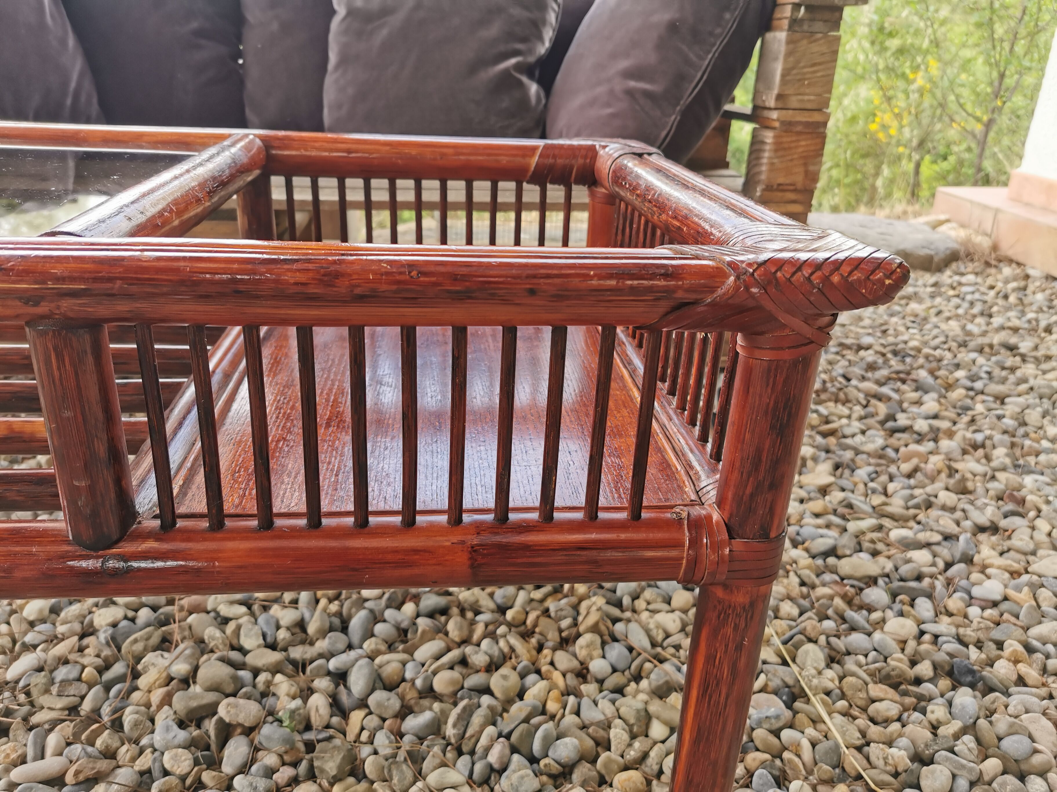 Vintage bamboo and leather coffee table