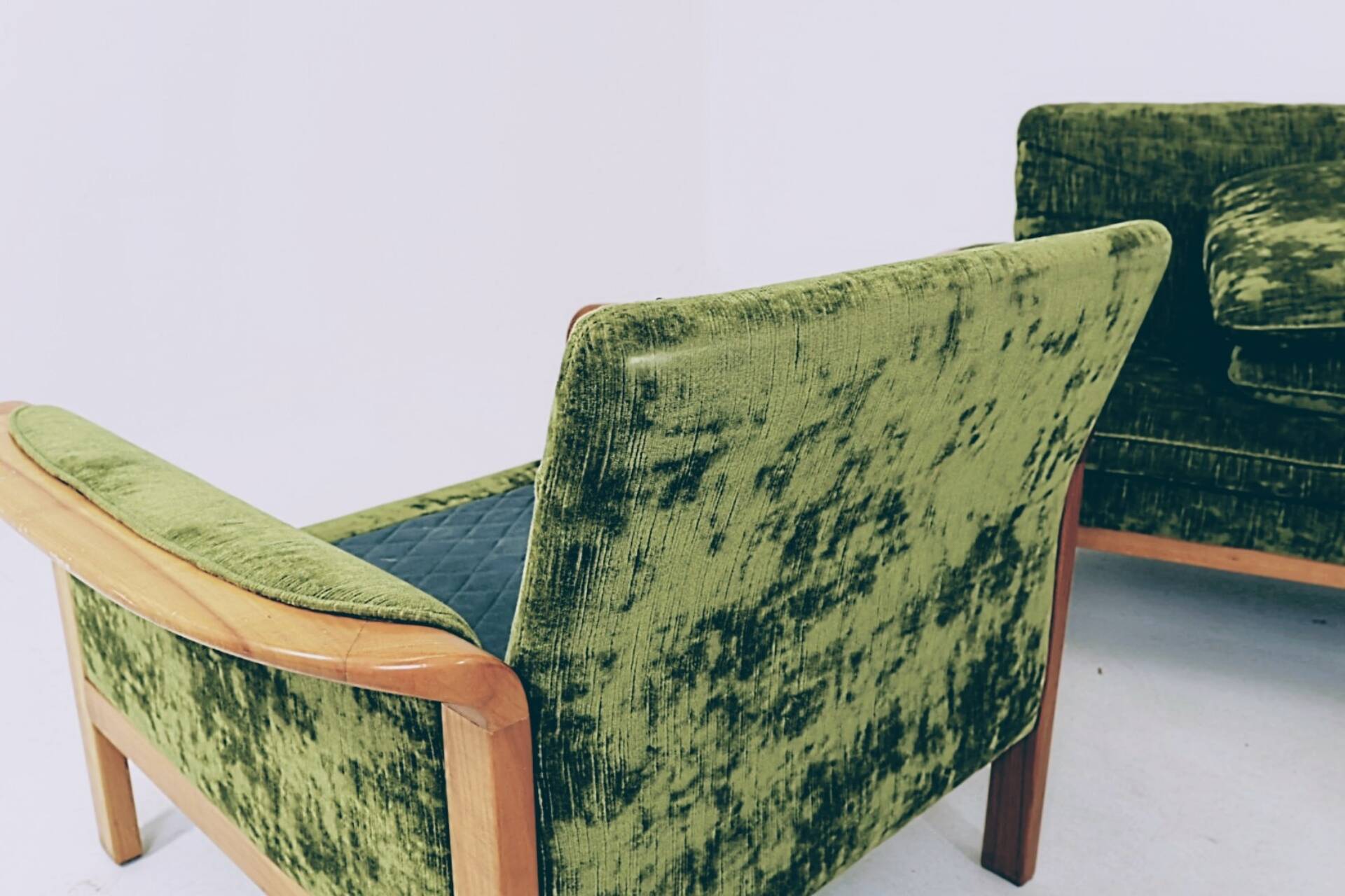 Vintage set sofa and armchairs deep olive velvet design by Knut Seater