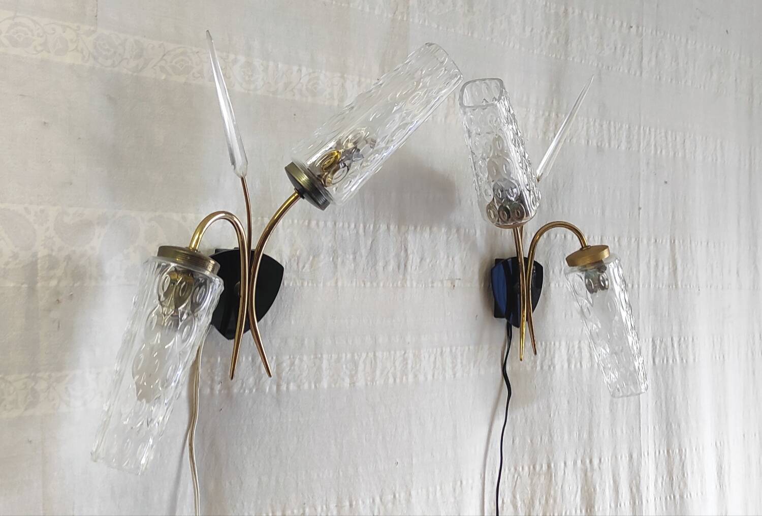 Double wall lights in gold metal and glass tulip - 60s/70s