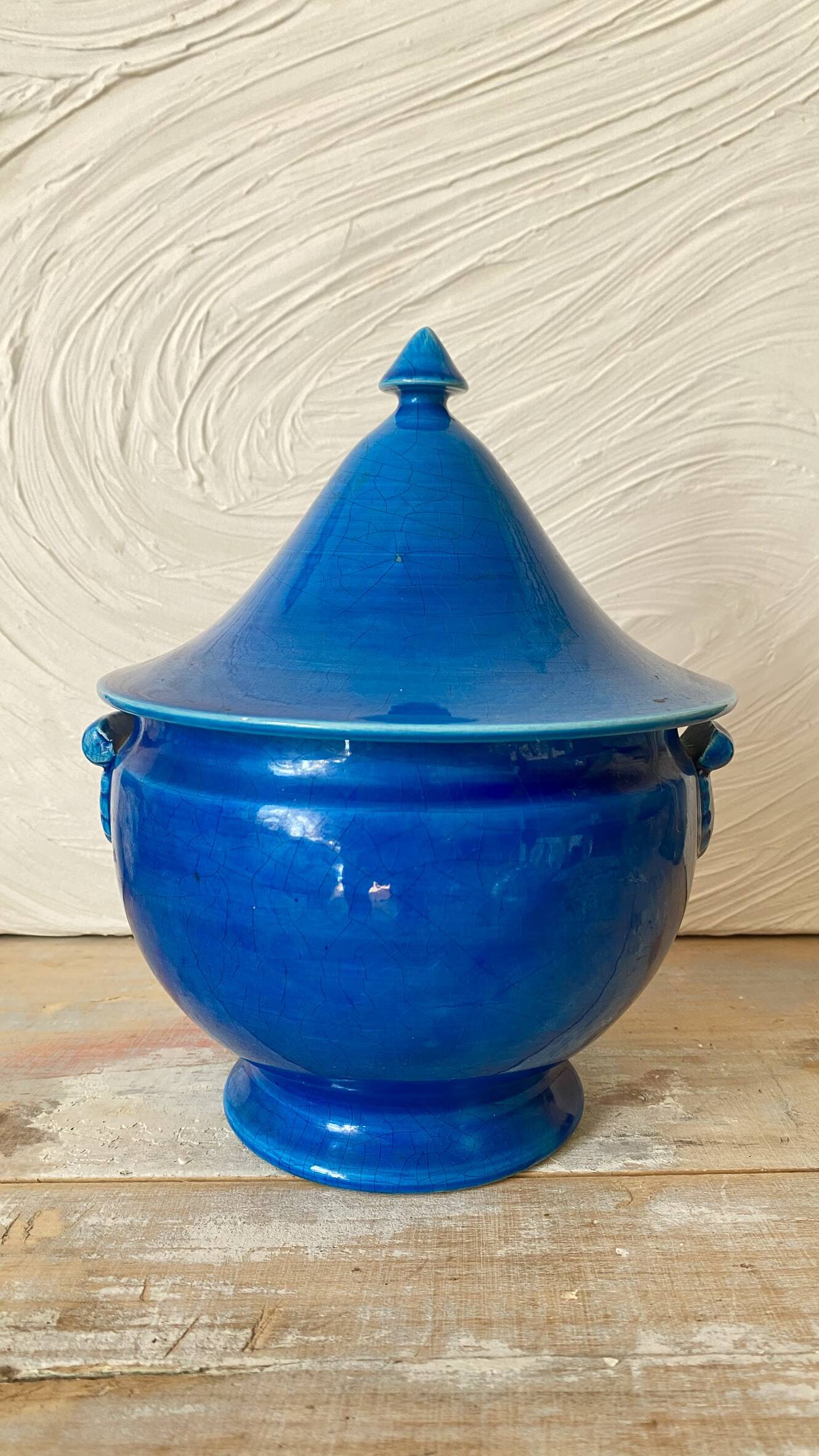 Bonbonnière , soupière en faïence de Malicorne,  céramique bleue craquelé