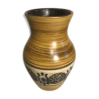 Vase céramique marron beige + motifs années 70 vintage