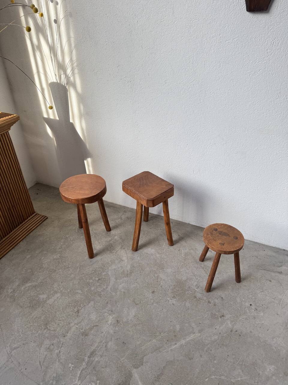 3 free-form oak tripod stools