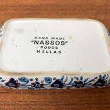 Vintage handmade blue ceramic ashtray with deer and flower ornament from Rodos Ceramics.
