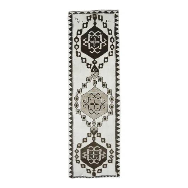 Vintage Turkish Oushak Handmade Wool Cotton White Runner Rug 100x320