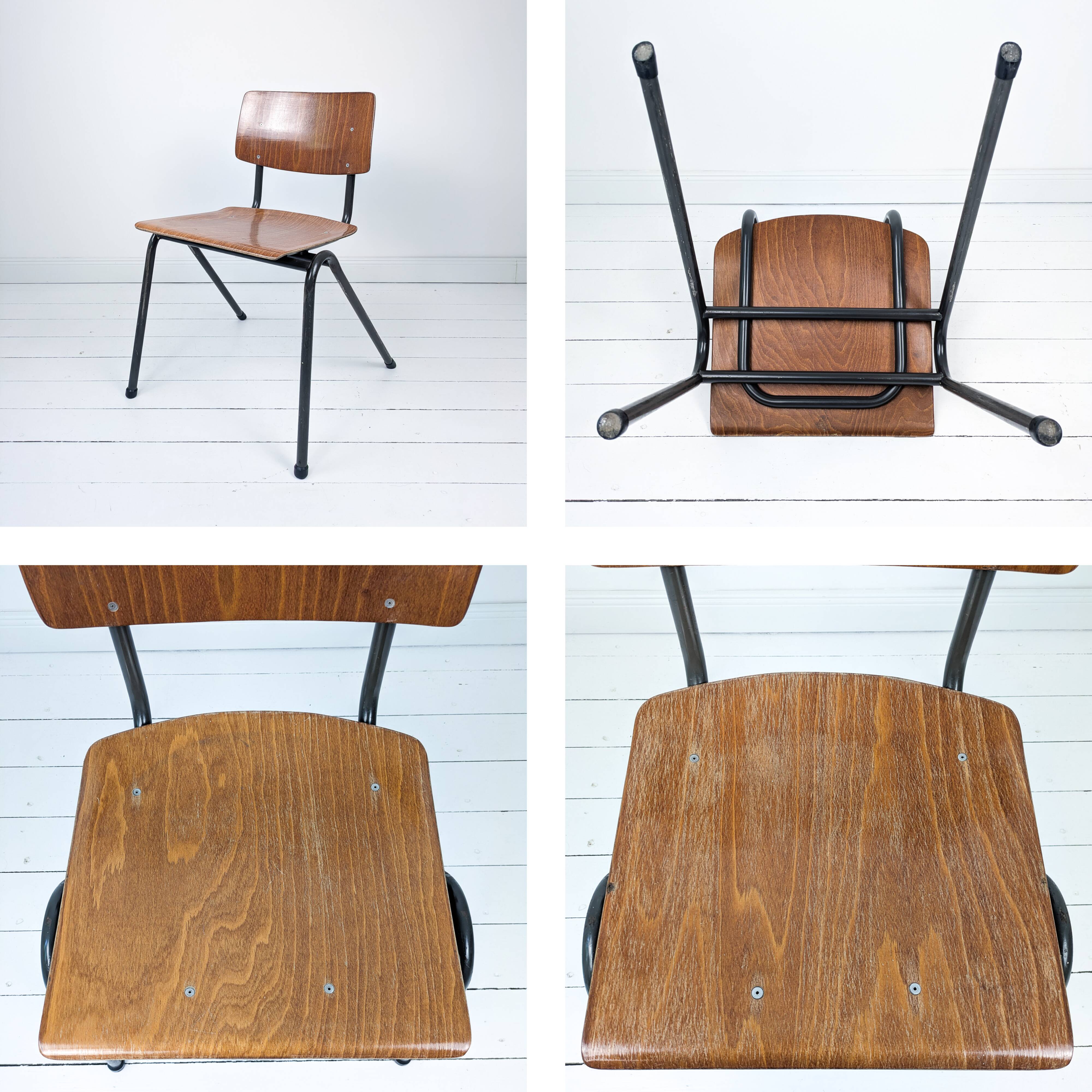 Chaise vintage Mid-Century bois et métal anthracite noir style industriel O