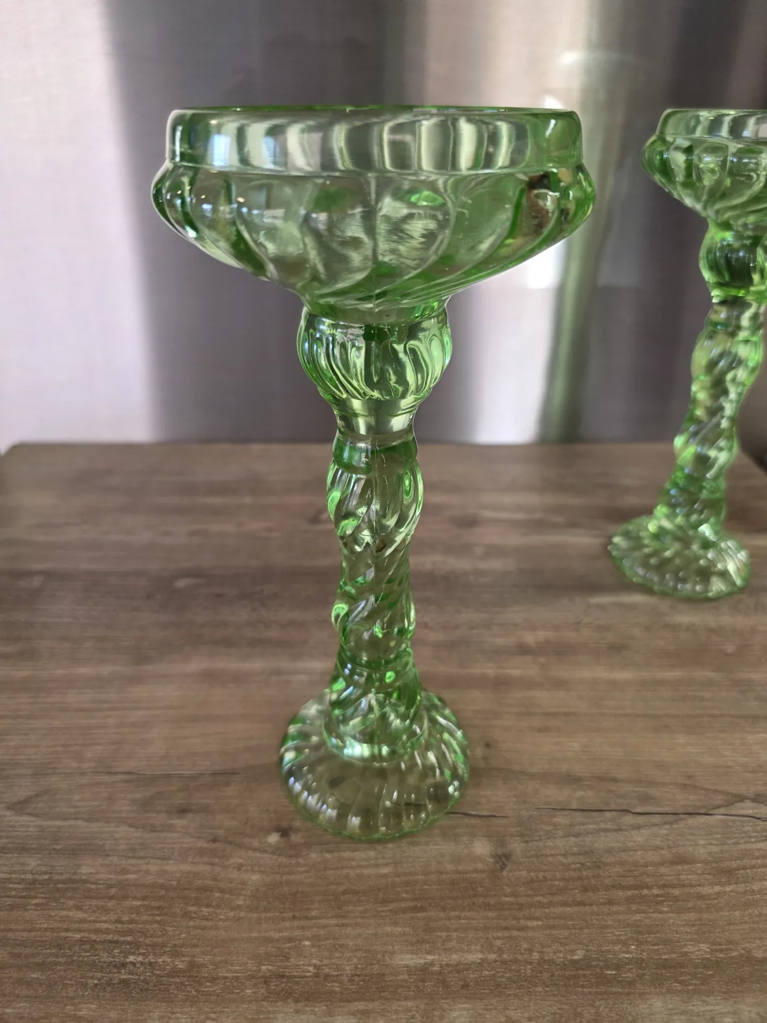 Pair of large Art Deco candlesticks / candle holders in moulded pressed glass.