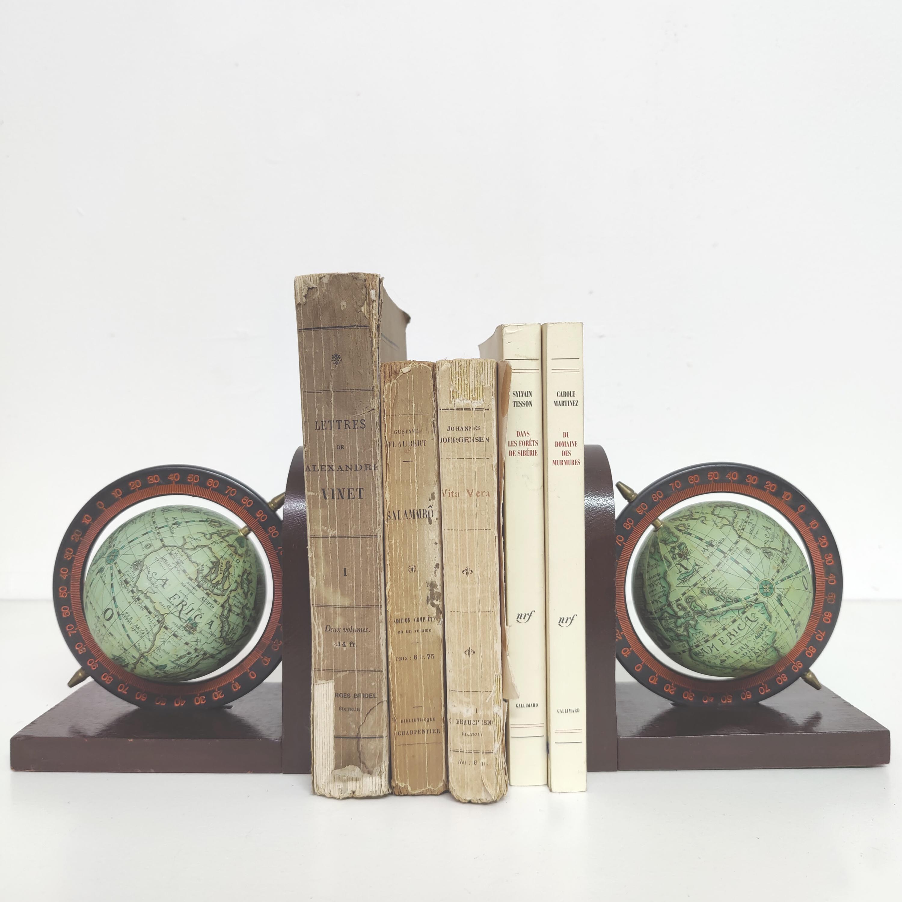 Pair of bookends vintage globe world map wood paper