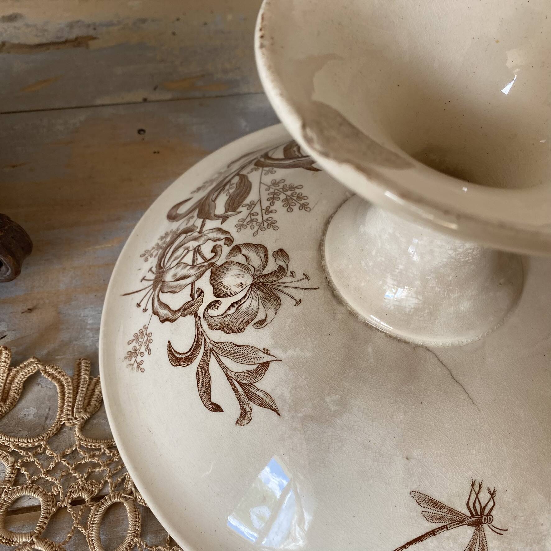 Sepia ironware compote dish, antique fruit bowl.