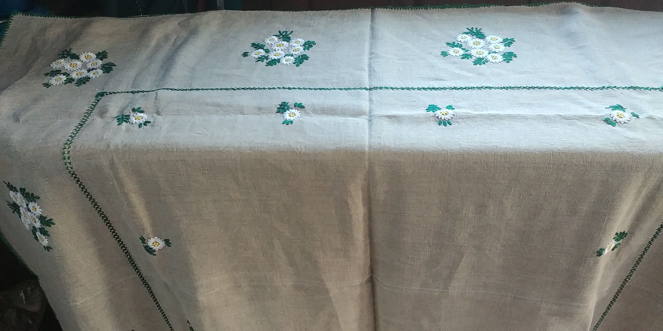 Hand embroidered linen tablecloth