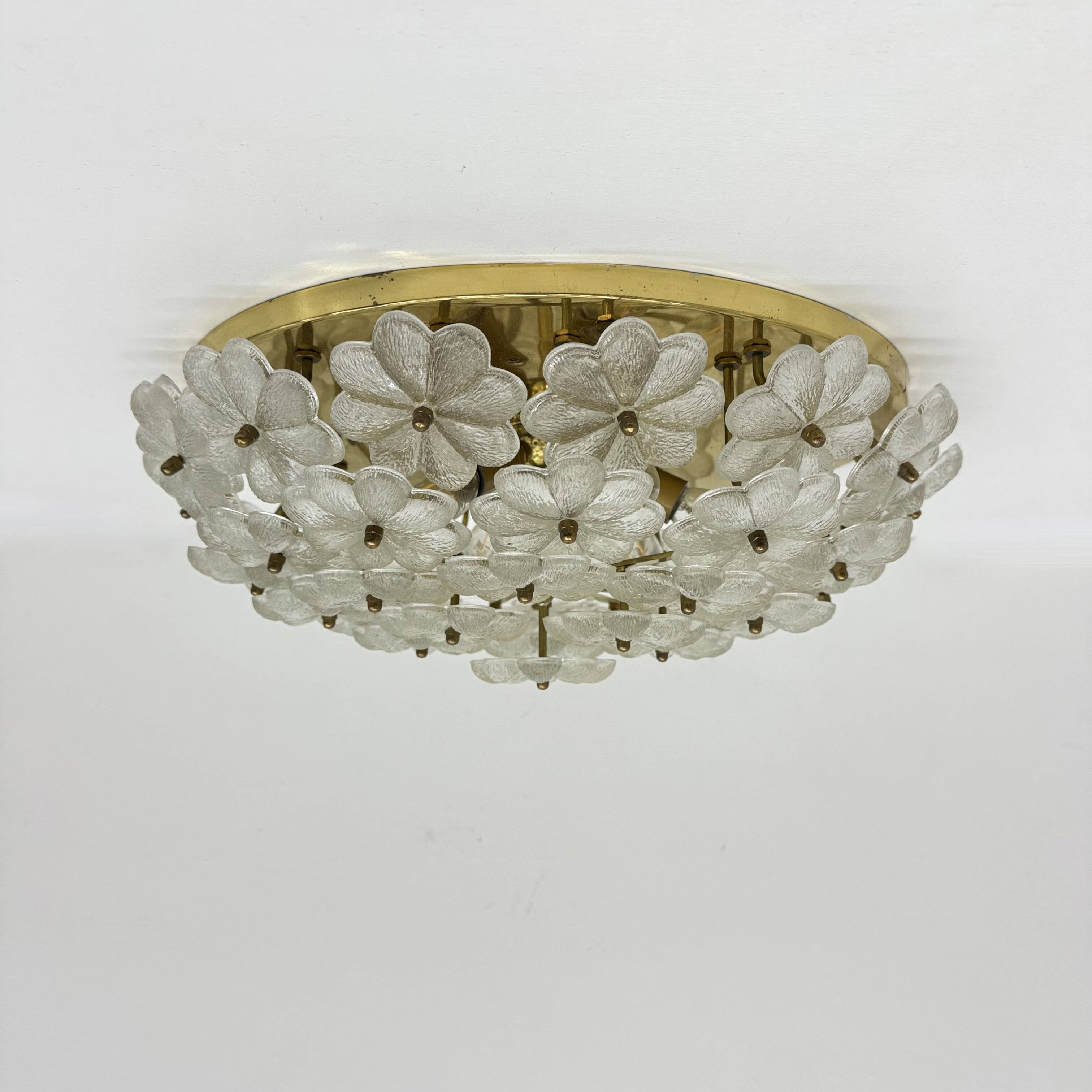 Large Floral Crystal Glass Flush Lamp by Ernst Palme , 1970s