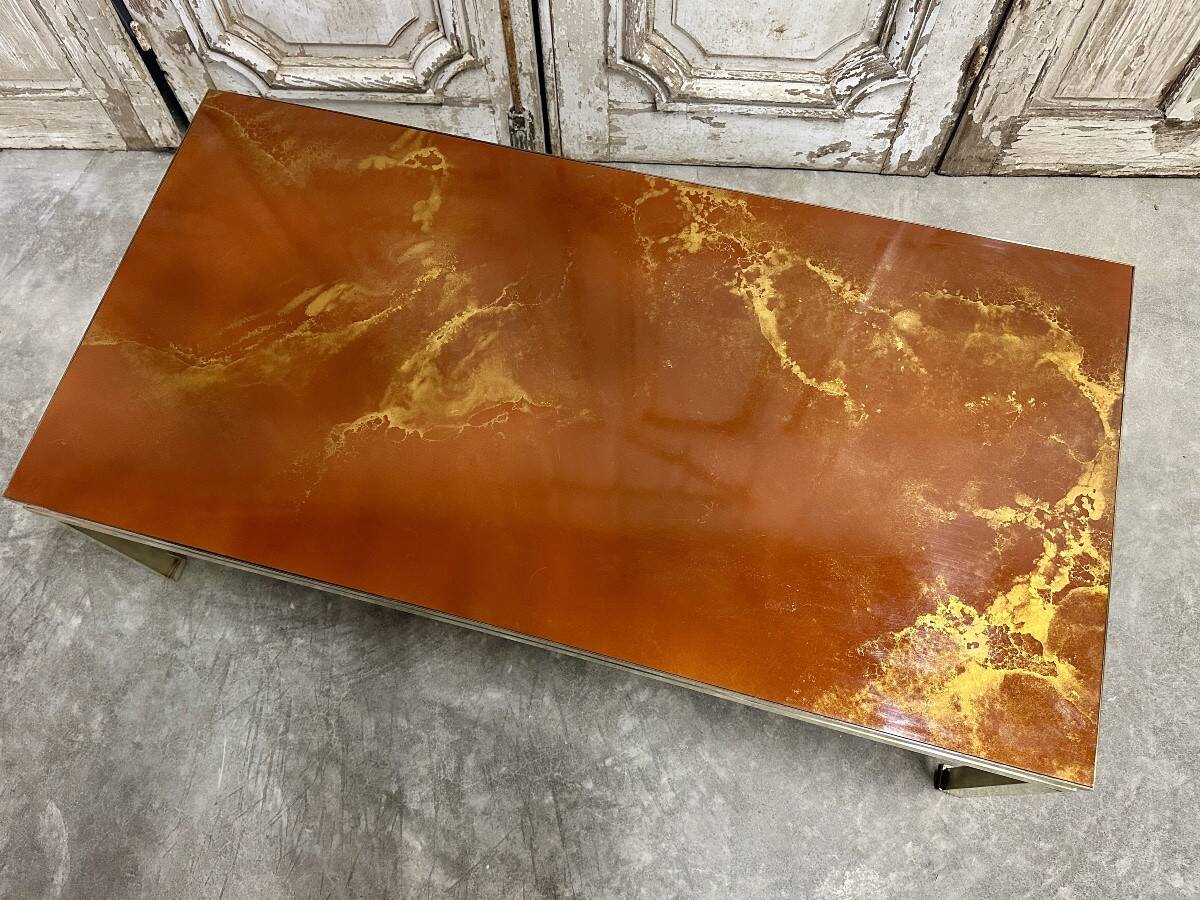 Guy Lefèvre coffee table for Maison JANSEN, imitation lacquer top, circa 1970.