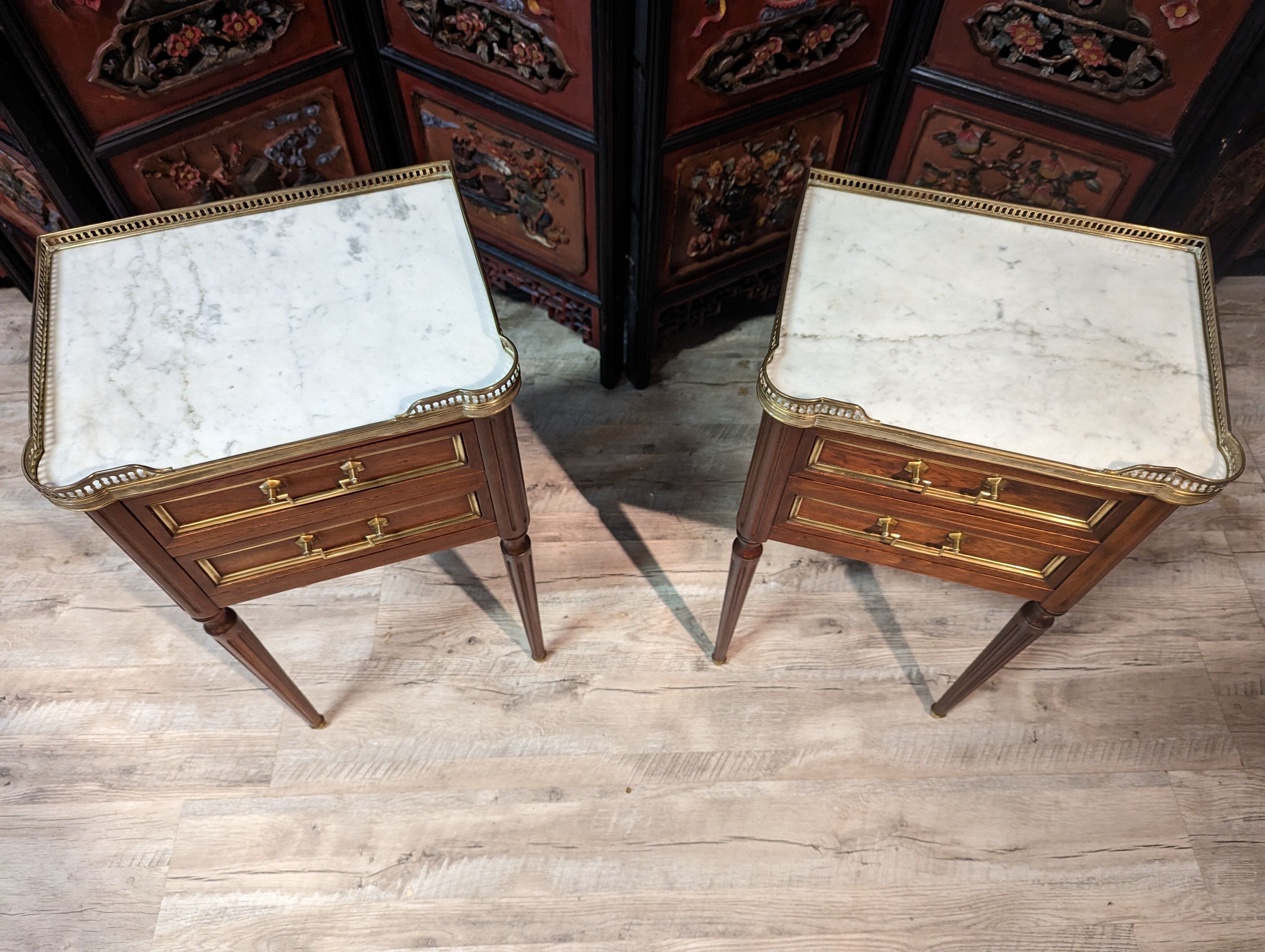 Pair of Louis XVI style bedside tables in mahogany