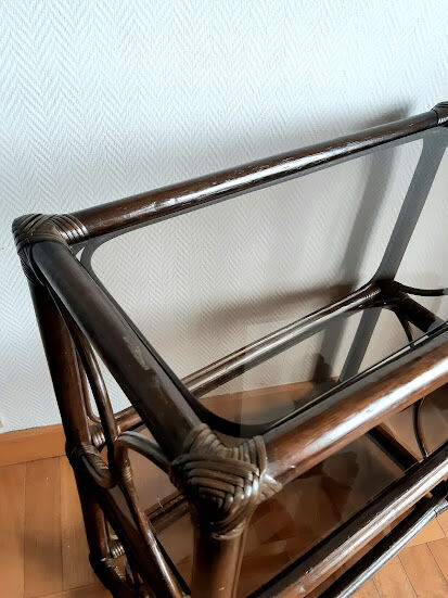 Rattan bookcase and smoked glass 1960