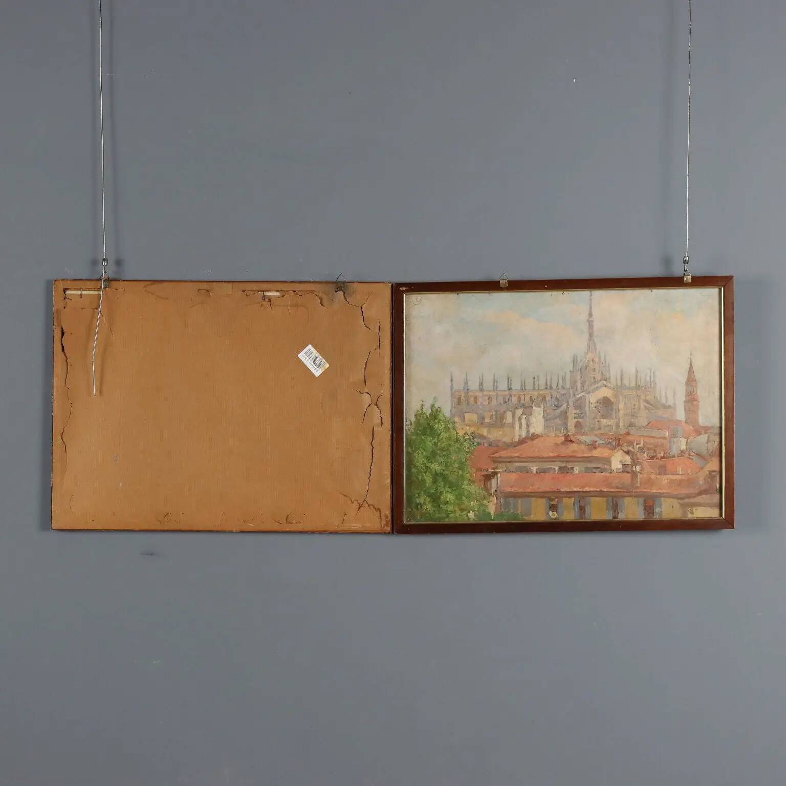 Old painting signed by Giuseppe Viviani, view of Milan, 20th century.