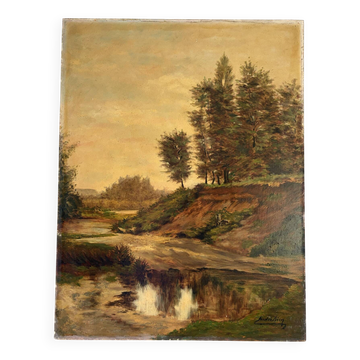 Landscape at the pond, oil on canvas signed André Ricq.
