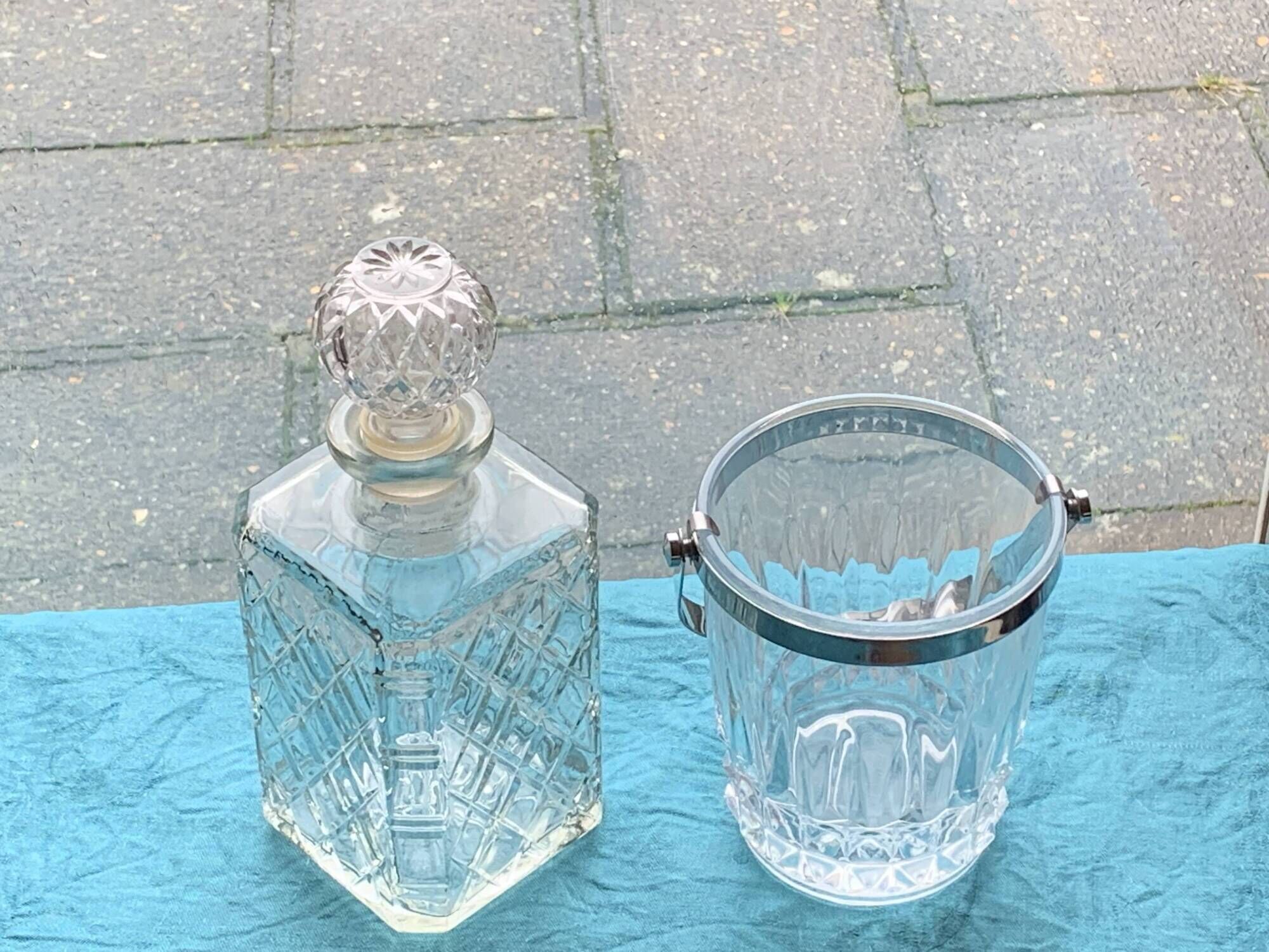 Whiskey carafe and ice bucket stamped crystal d'arques in vintage transparent glass