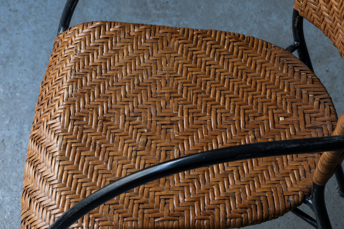 Set of 4 stackable dining chairs in steel and rattan, 1970s