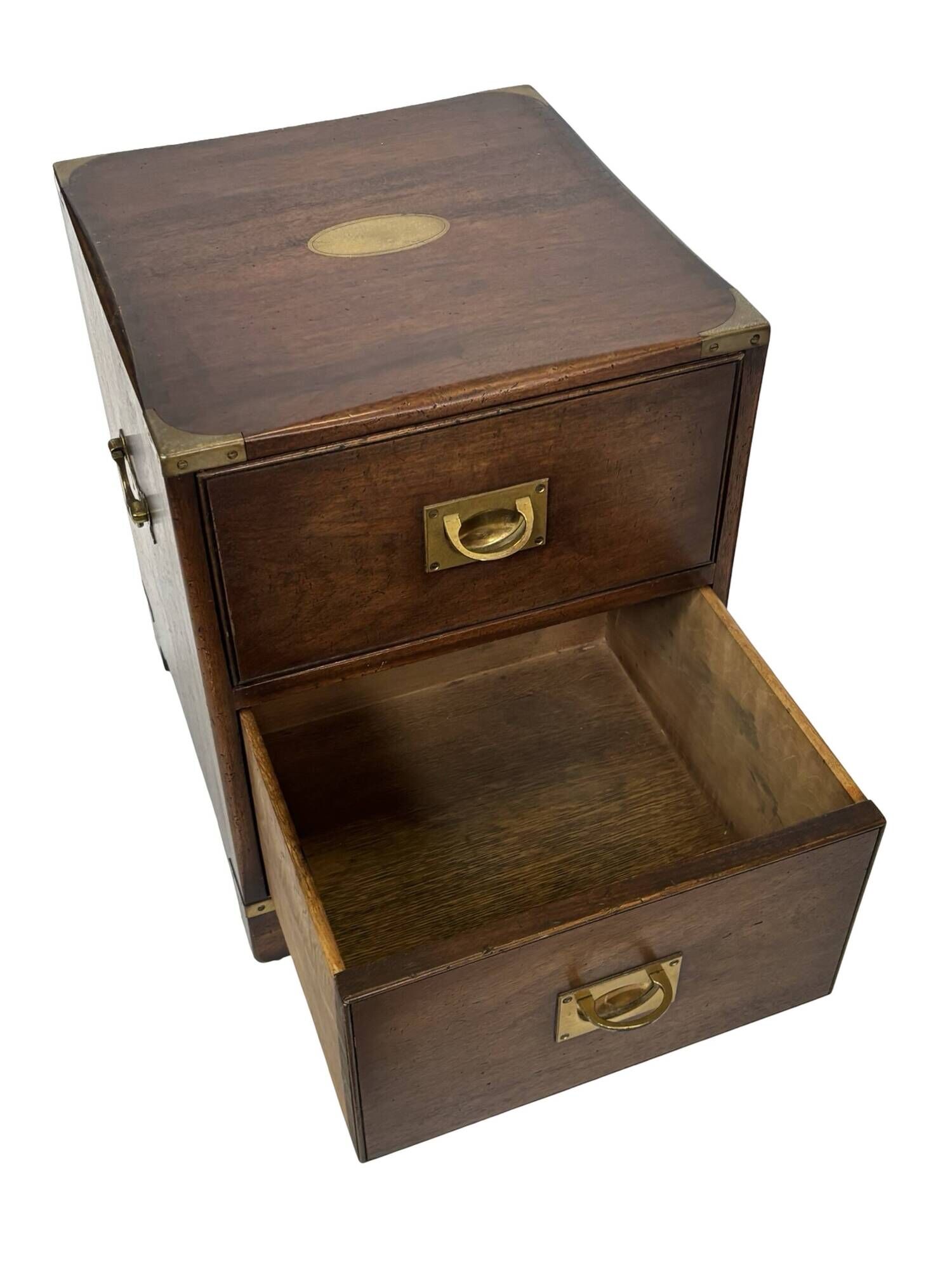 Vintage set of wooden bedside tables in military campaign style design