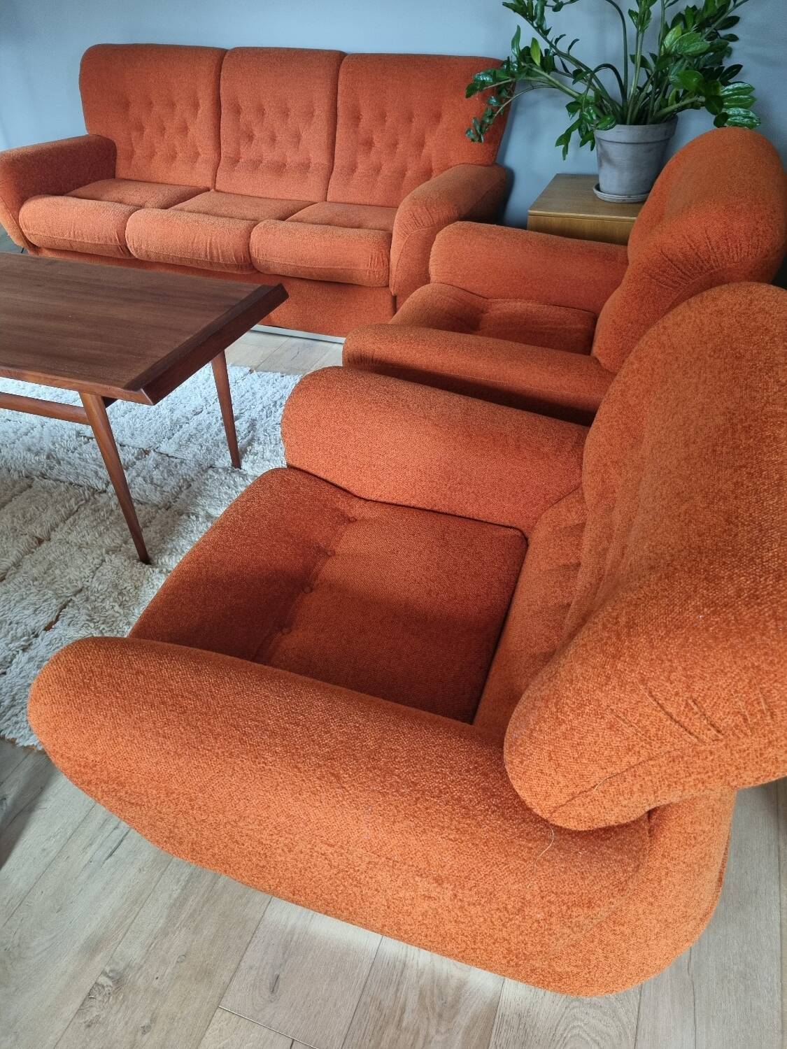 Set of seventies orange sofa and armchairs