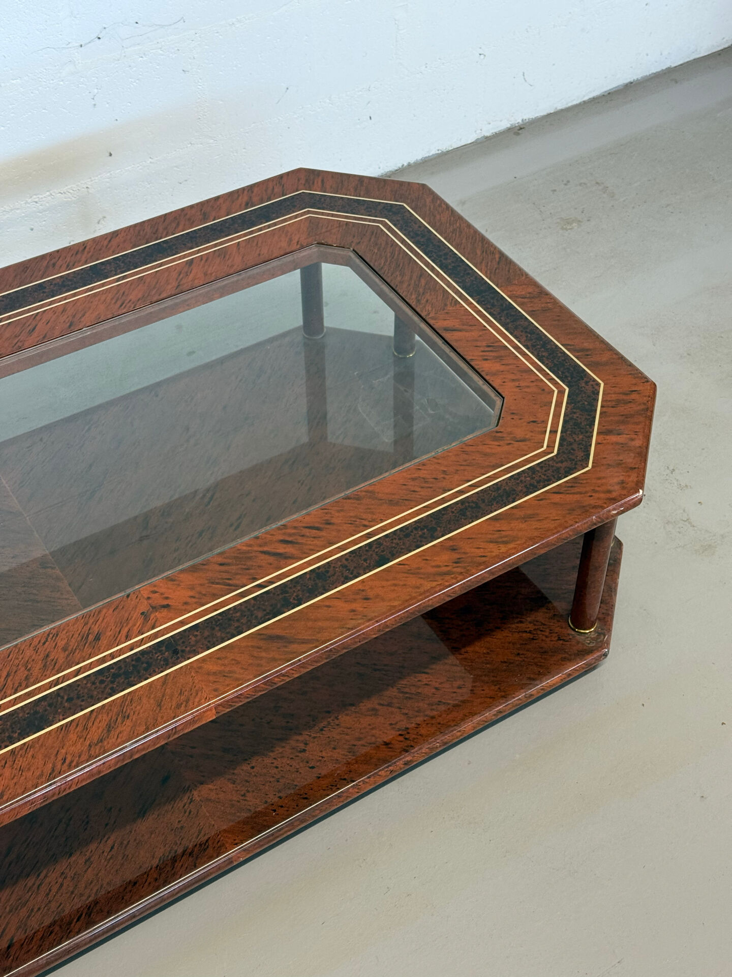 Vintage Octagonal Coffee Table — Glass Top, Brass Details & Two-Tier D
