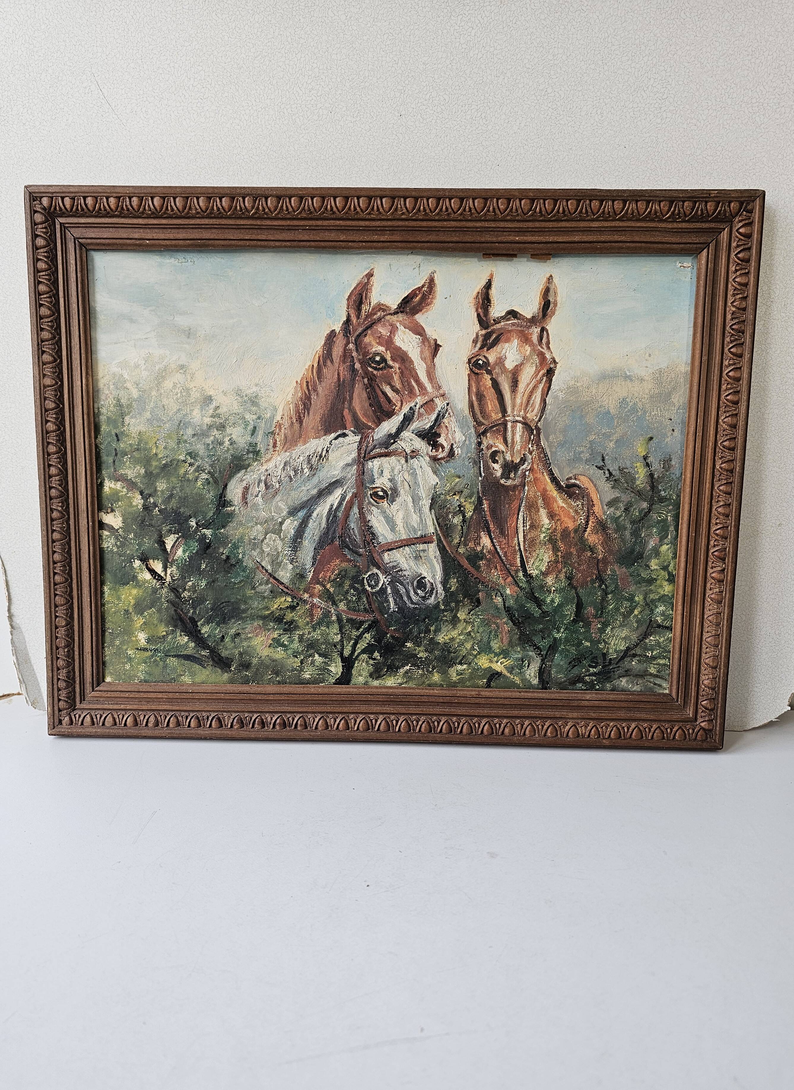 Oil painting on hardboard - Horses Signed SL (Signature to be identified)