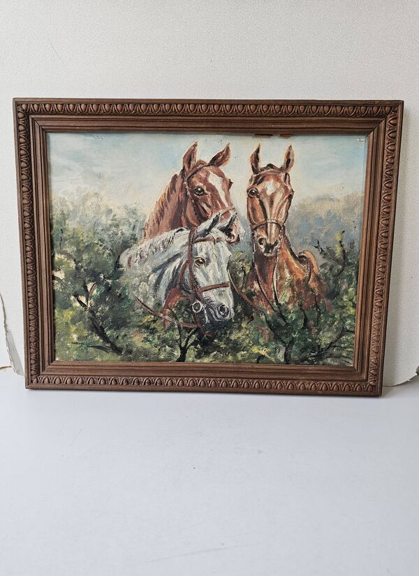 Tableau Huile sur Isorel - Chevaux Signé SL (Signature a identifier)