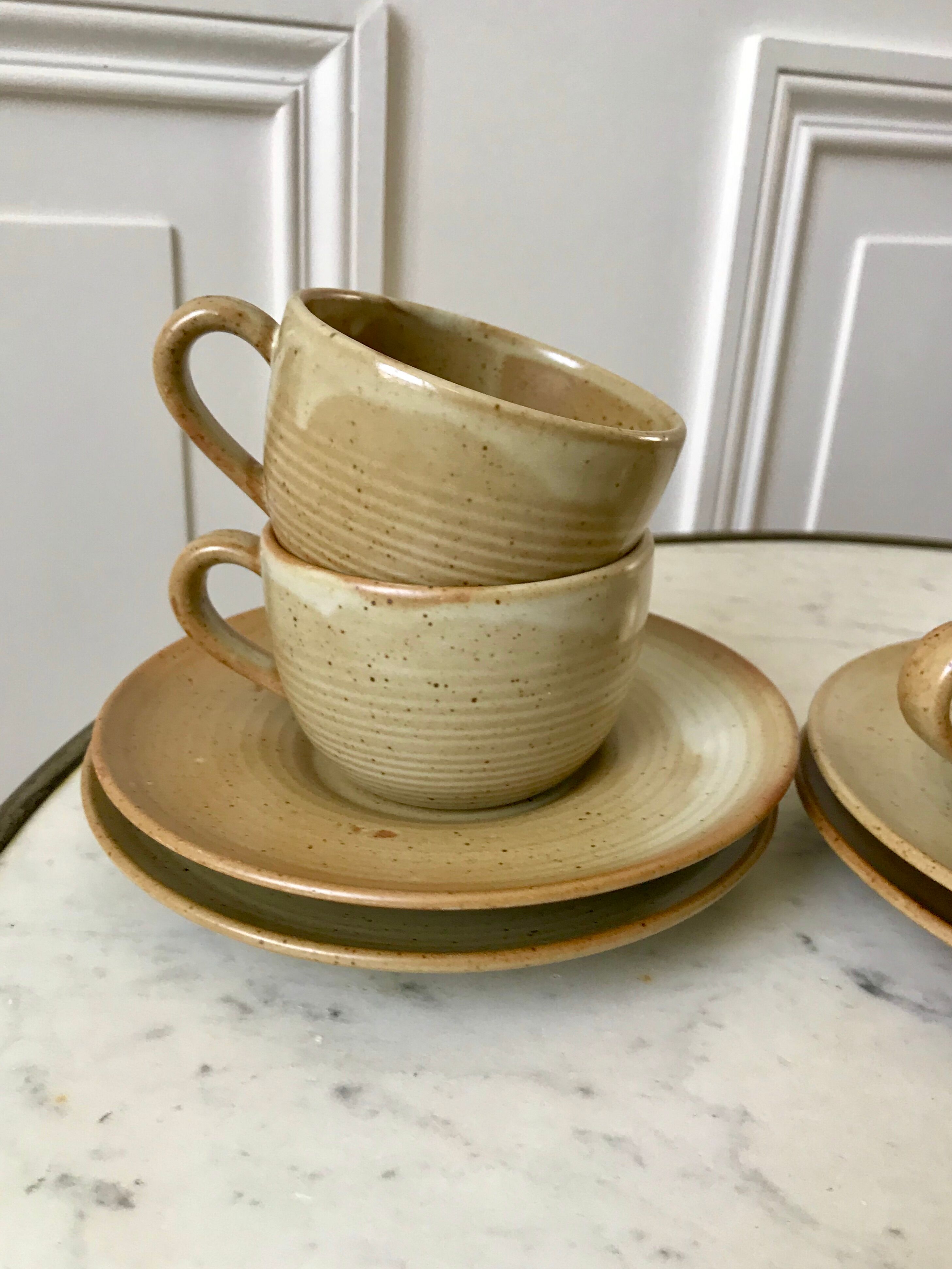 set of 6 stoneware cups and saucers Grès du Village 60s-70s
