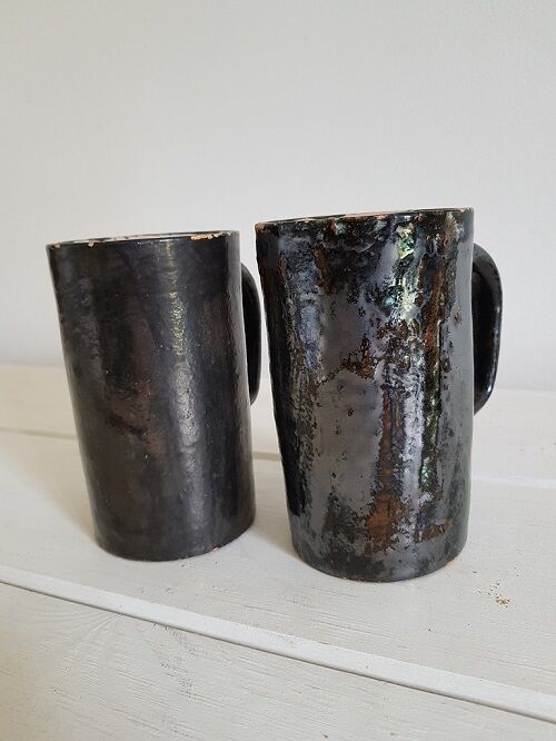 Lot of 2 cups artisanal enamelled earth 1960