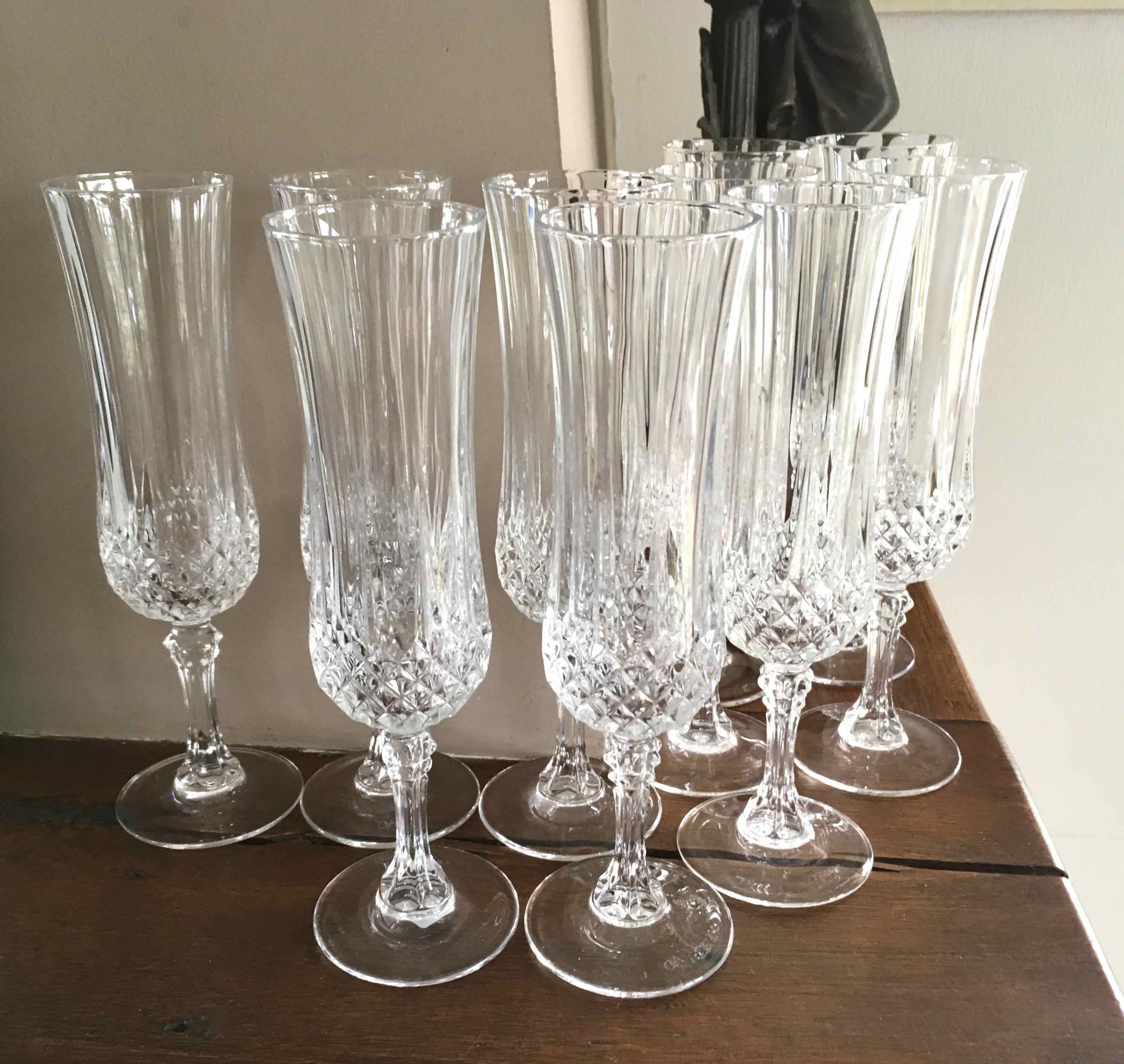 Set of 10 crystalline champagne flutes cut