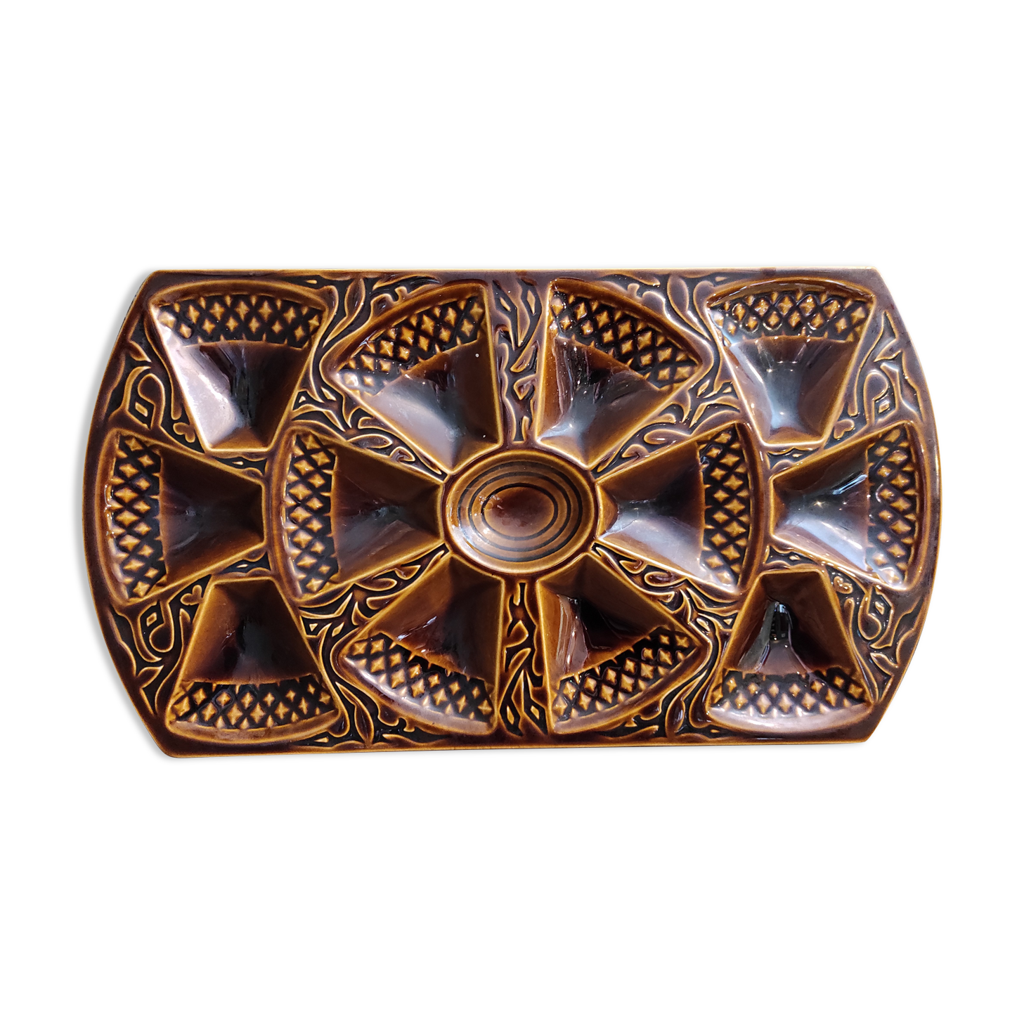 Plateau à huîtres rectangulaire Art déco Français en majolique de Sarreguemines