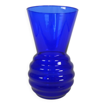 Vase Art déco avec base nervurée, bleu cobalt, années 1930