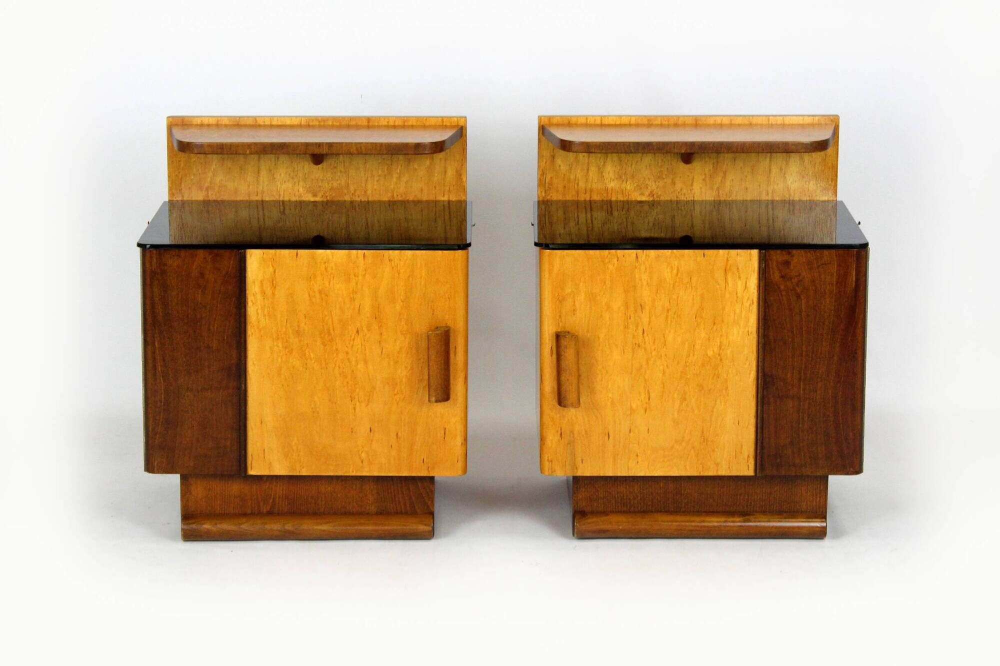 Restored Art Deco Nightstands with Black Glass Tops, 1950s, Set of 2