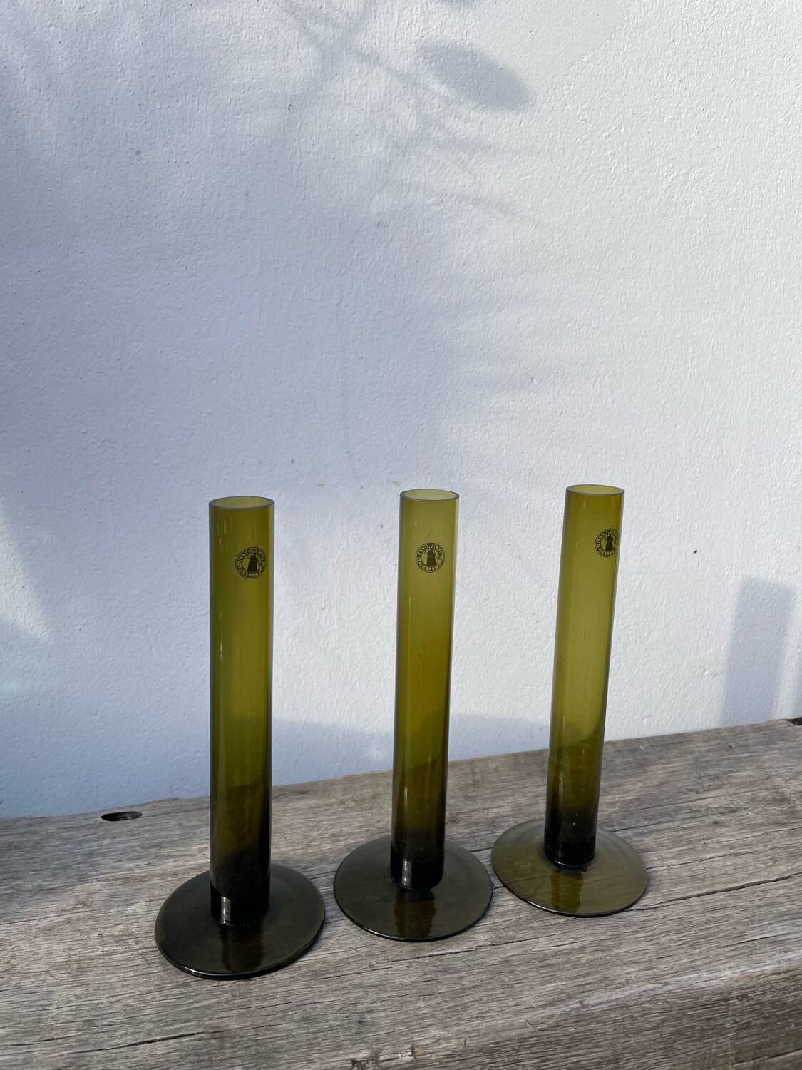Trio de soliflore en verre vert olive / vases tubes