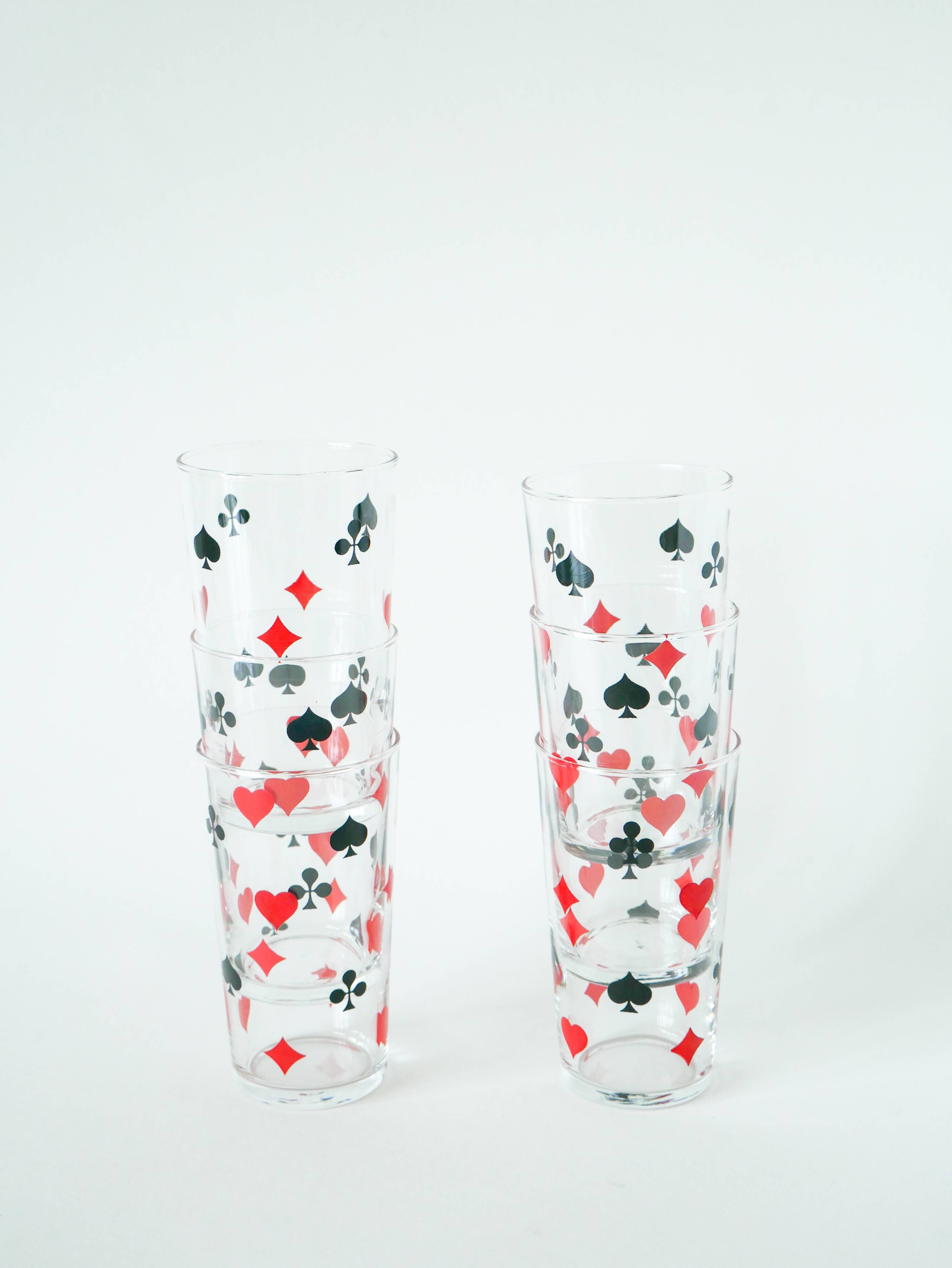 Set of 6 water glasses, Jeu de Cartes motifs, 1970