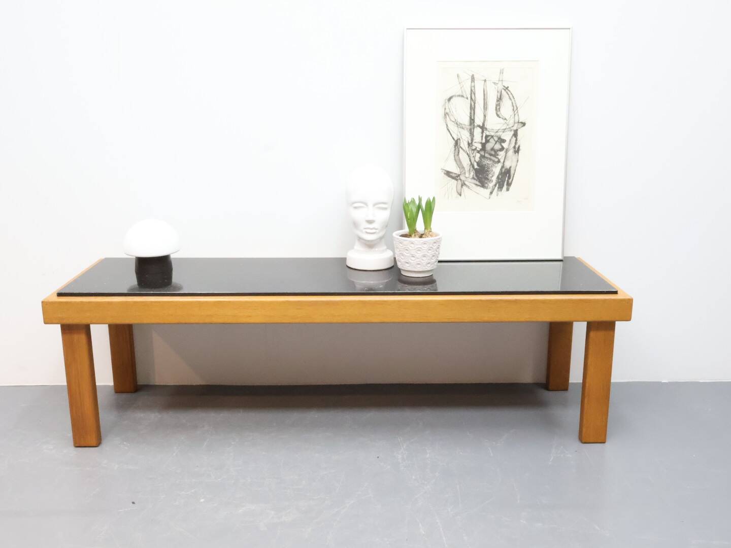 Vintage sidetable salontafel eikenhout graniet handgemaakt