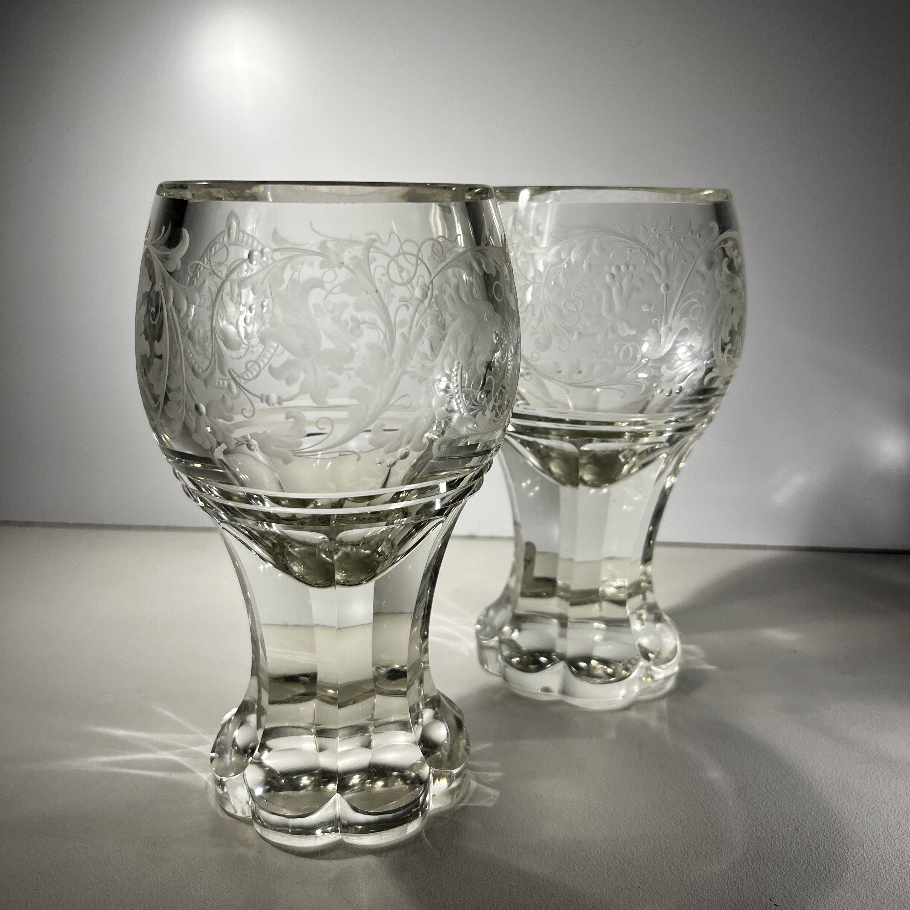 Pair of stemmed glasses in thick crystal, Bohemian, circa 1900