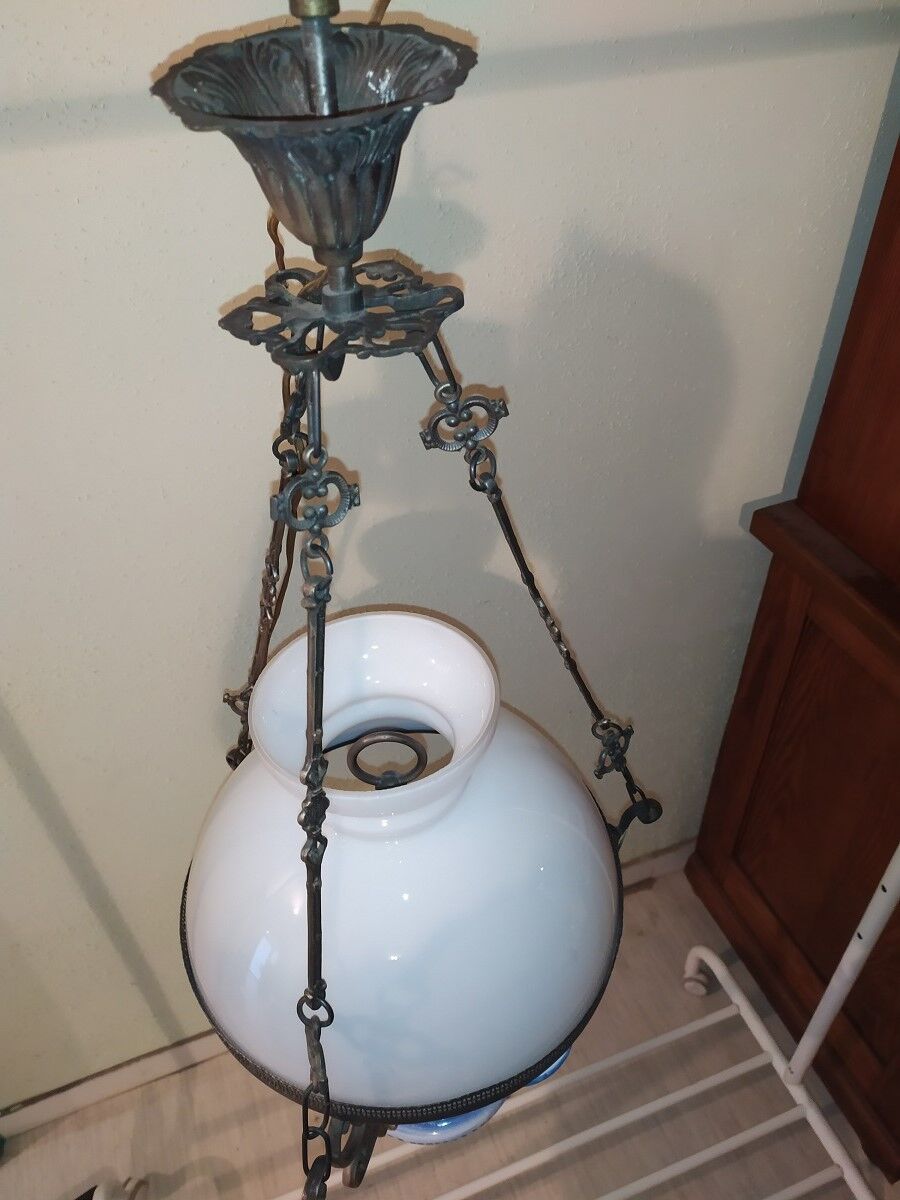 Opaline white porcelain blue 3 branch hanging lamp