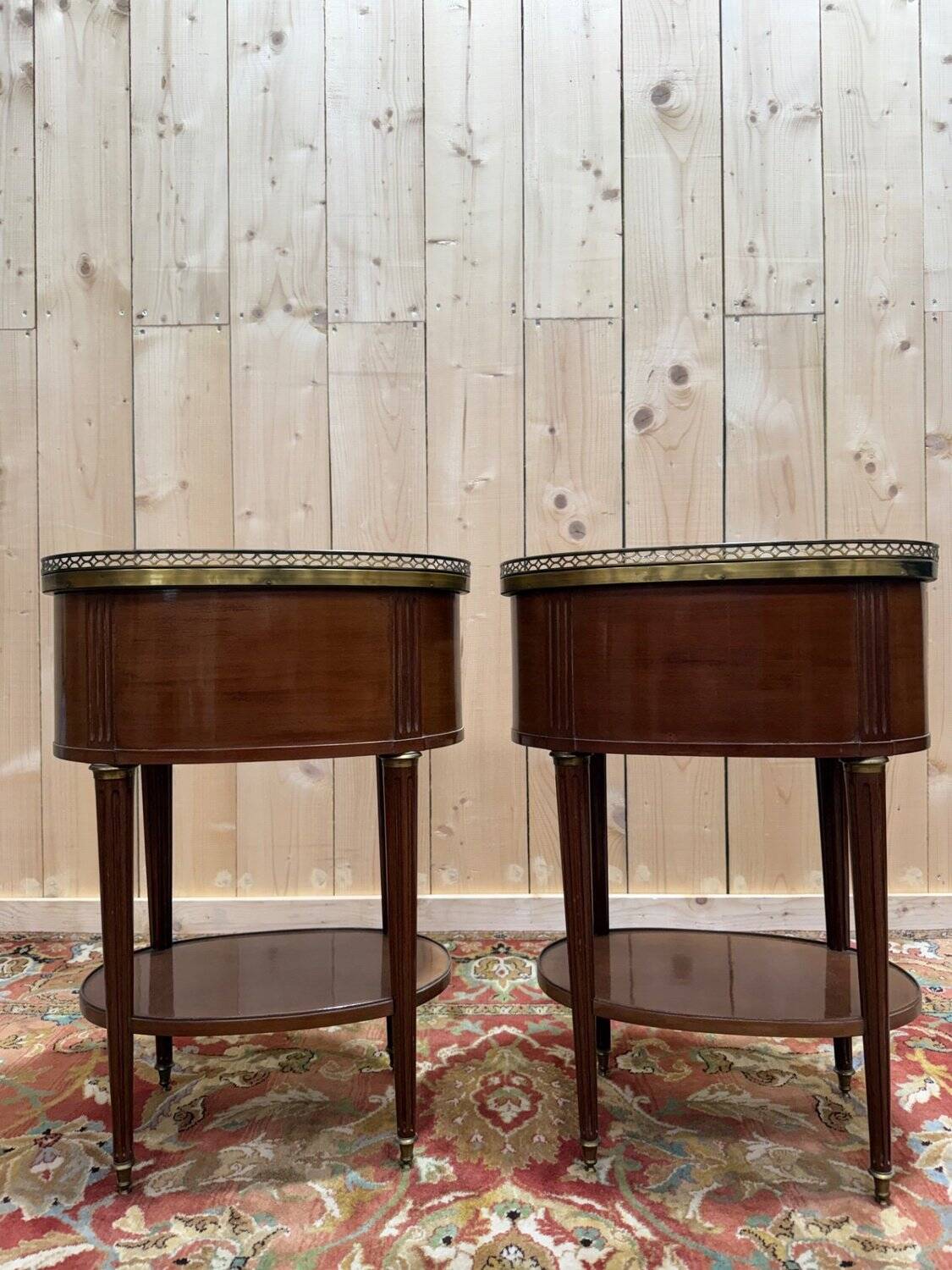 Pair of Louis XVI drum bedside tables in solid mahogany and marble.