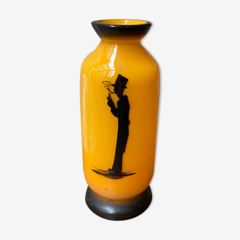 Vase art déco verre orange silhouette fumeur