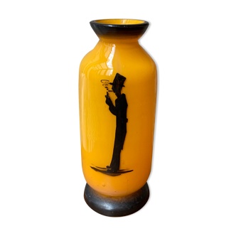 Vase art déco verre orange silhouette fumeur