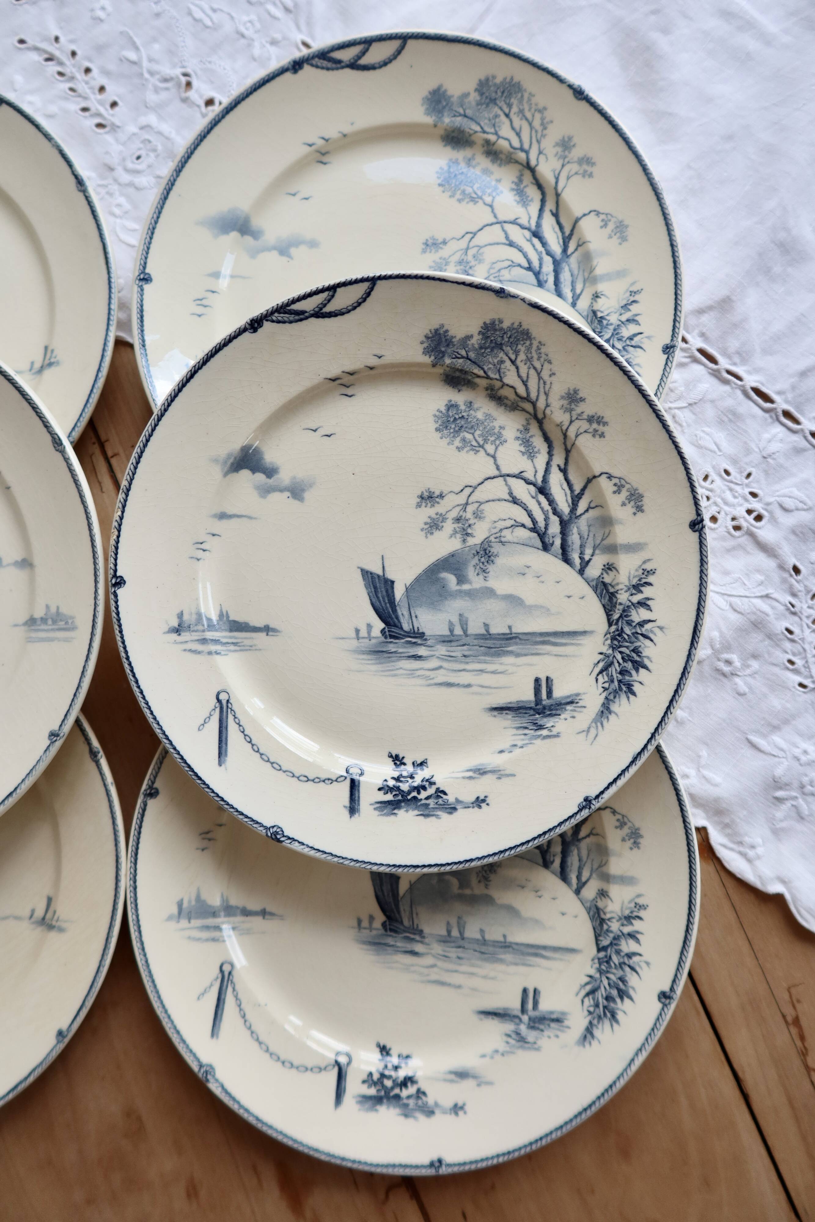 6 assiettes plates antiques Gien modèle Marines 1875
