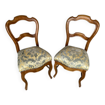 Pair of Antique Louis Philippe Chairs Wood + Fabric Seat 19th Century Vintage