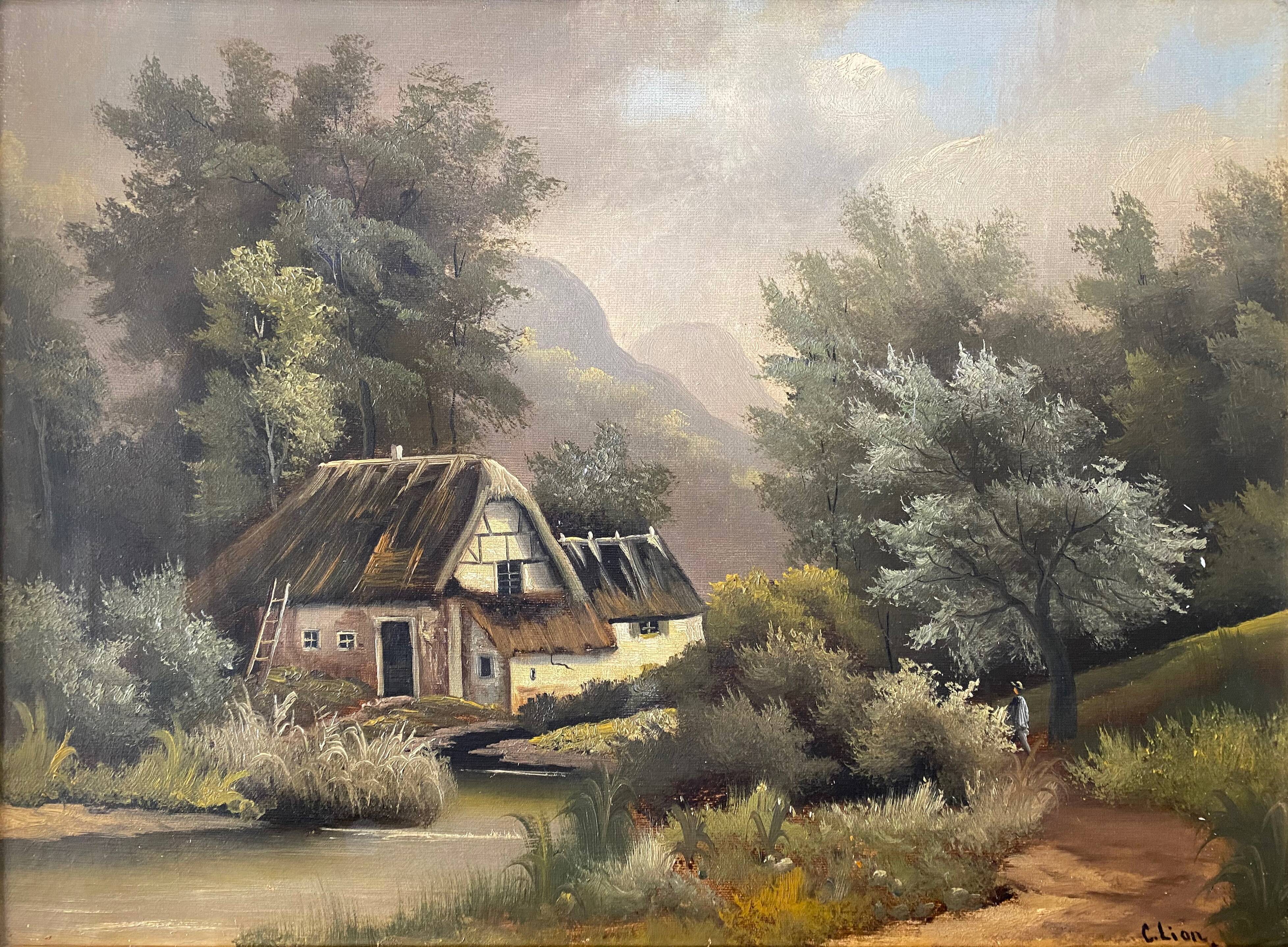 Table HST XIX° "The jewel of nature" Animated landscape Signed C. Lion + frame