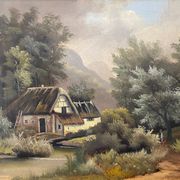 Table HST XIX° "The jewel of nature" Animated landscape Signed C. Lion + frame