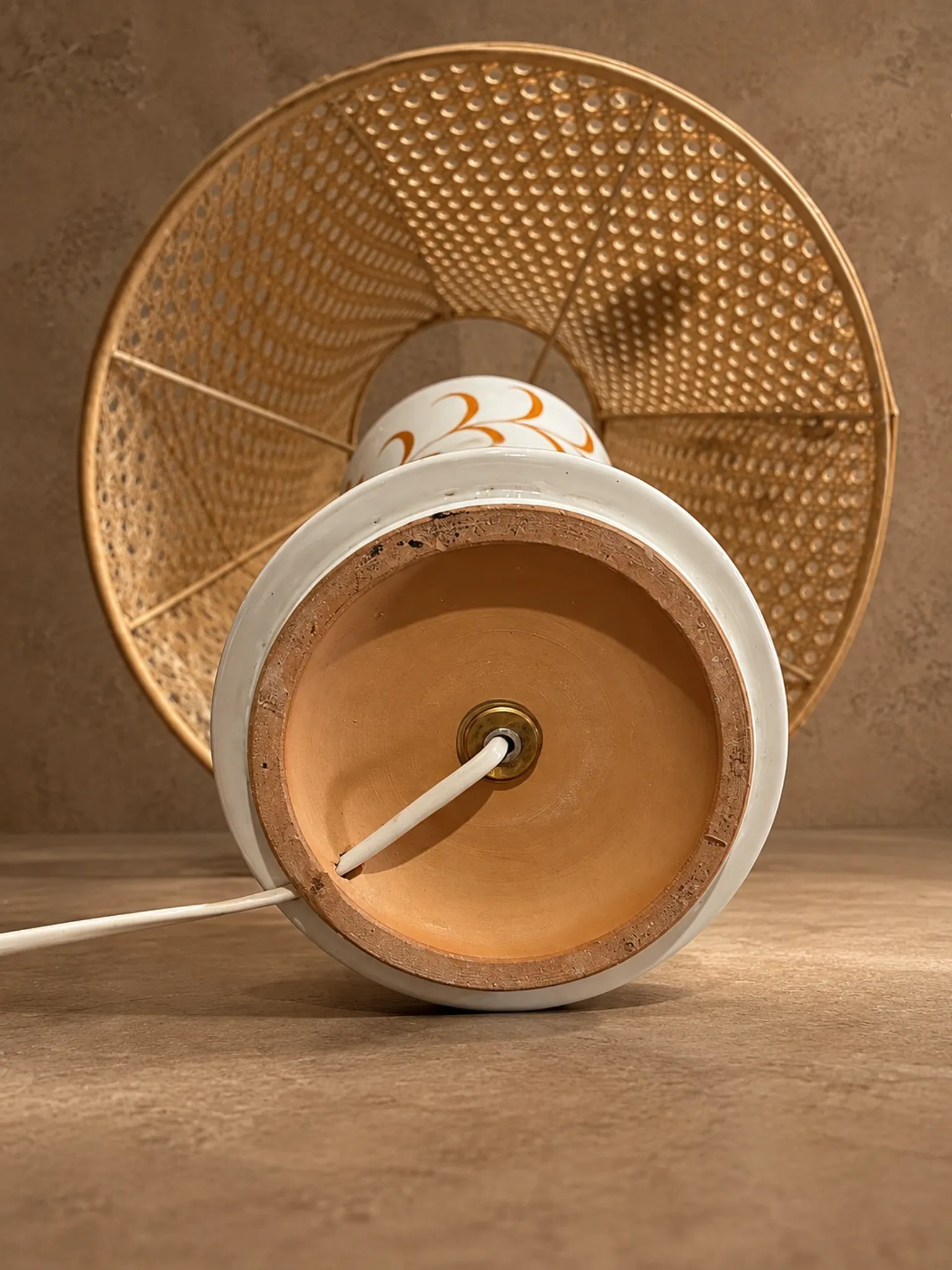 Ceramic lamp with cane shade, Nuova Capodimonte, circa 1970