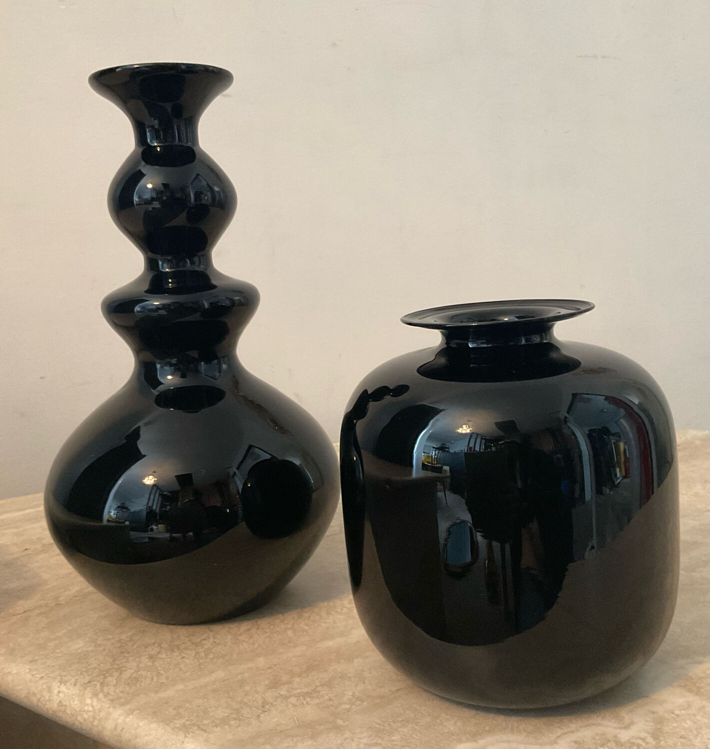 Duo of black opaline vases from the 60s and 70s