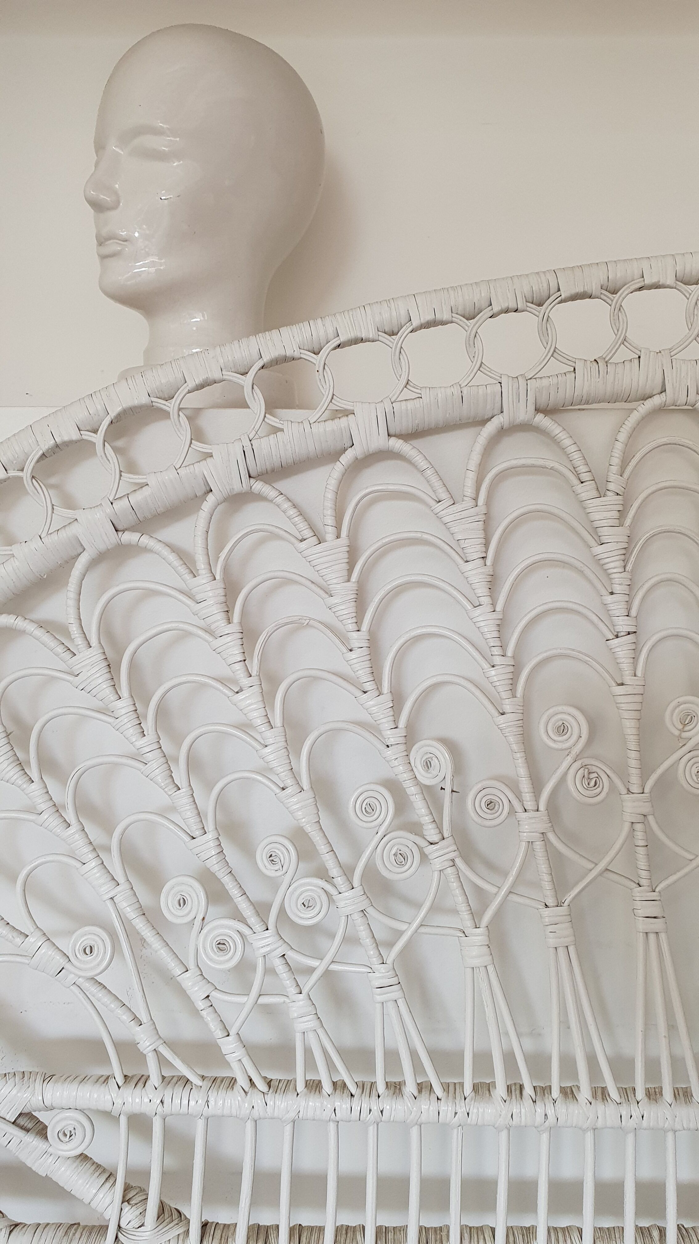 Peacock rattan headboard painted white