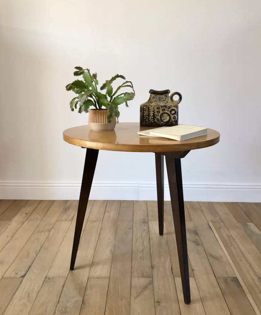 Tripod coffee table in wood and two-tone marquetry Scandinavian design 50s-60s