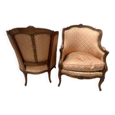 Pair of Louis XV style bergère armchairs in natural wood, 20th century